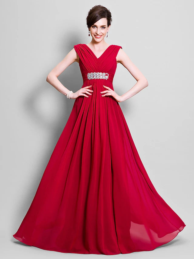 Elegant A-line chiffon Mother of the Bride dress with V-neck and beading.