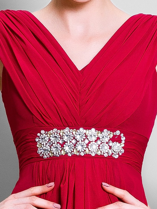 Full length view of the flowing A-line chiffon dress.