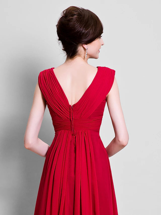 A-line V-neck chiffon dress with elegant silhouette.