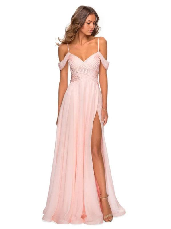 Elegant pink A-line V-neck chiffon formal dress.