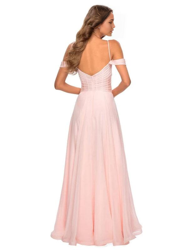 Flowing pink chiffon floor-length dress with V-neckline.