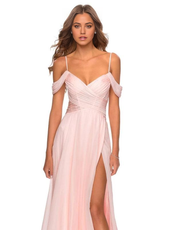 Pink A-line bridesmaid or prom dress in chiffon fabric.