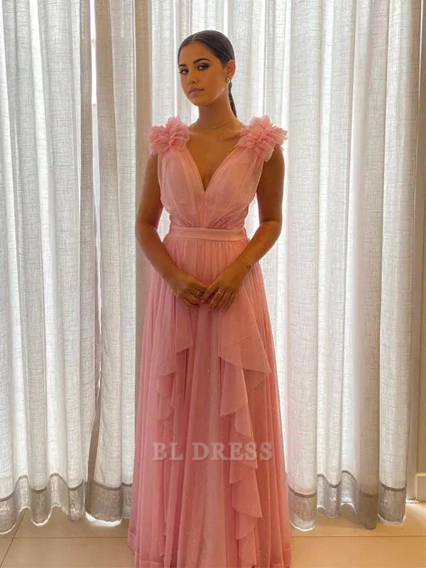 Pink A-line V-neck chiffon formal dress.