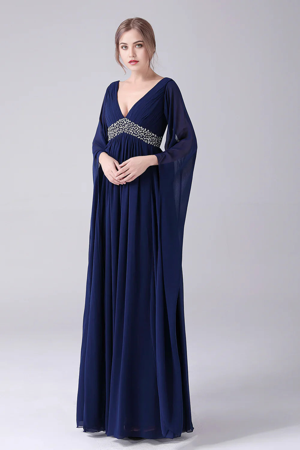 Elegant A-line V-neck chiffon floor-length dress with pleats.