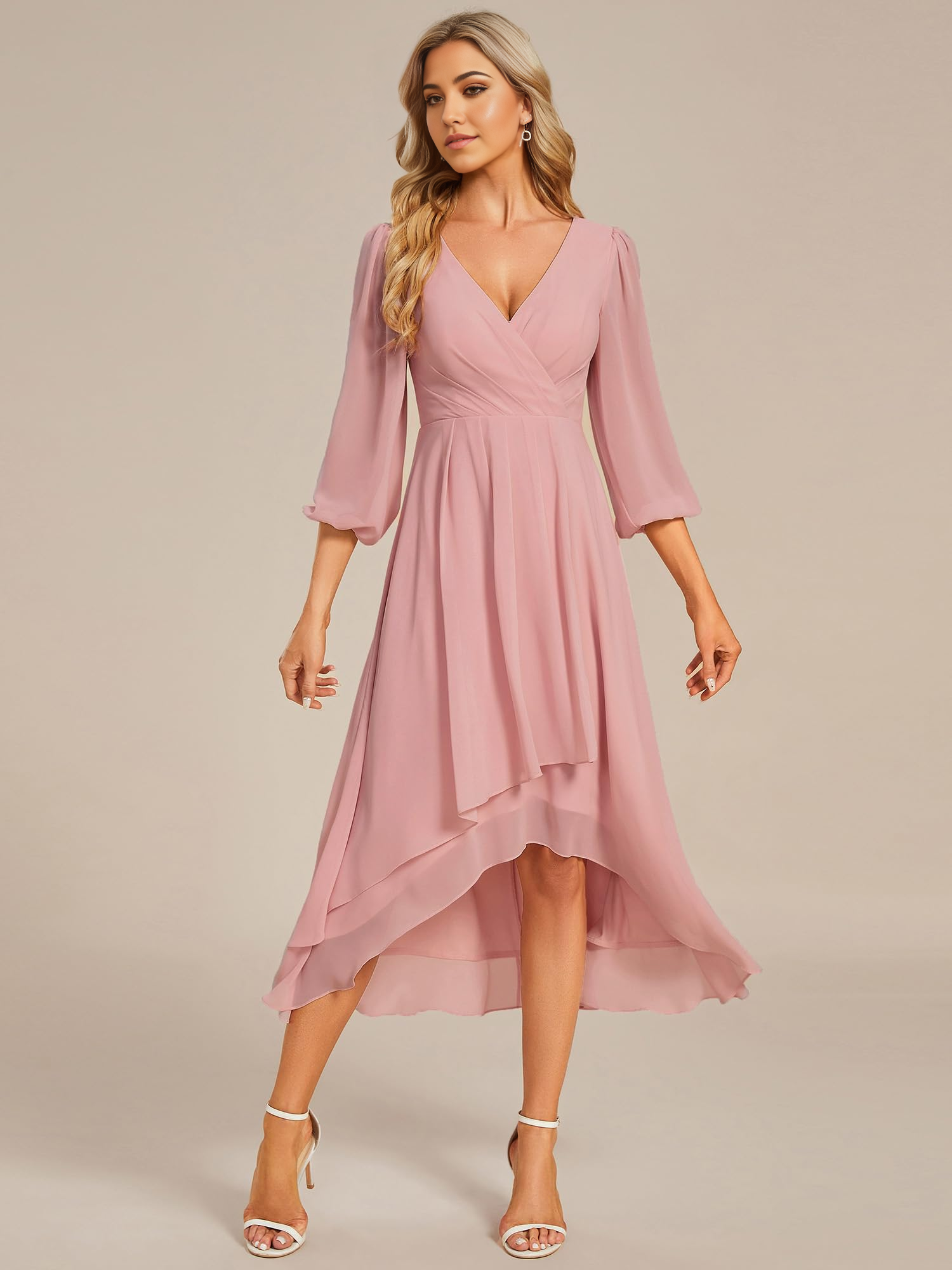 A-Line V-Neck chiffon midi dress with long sleeves.