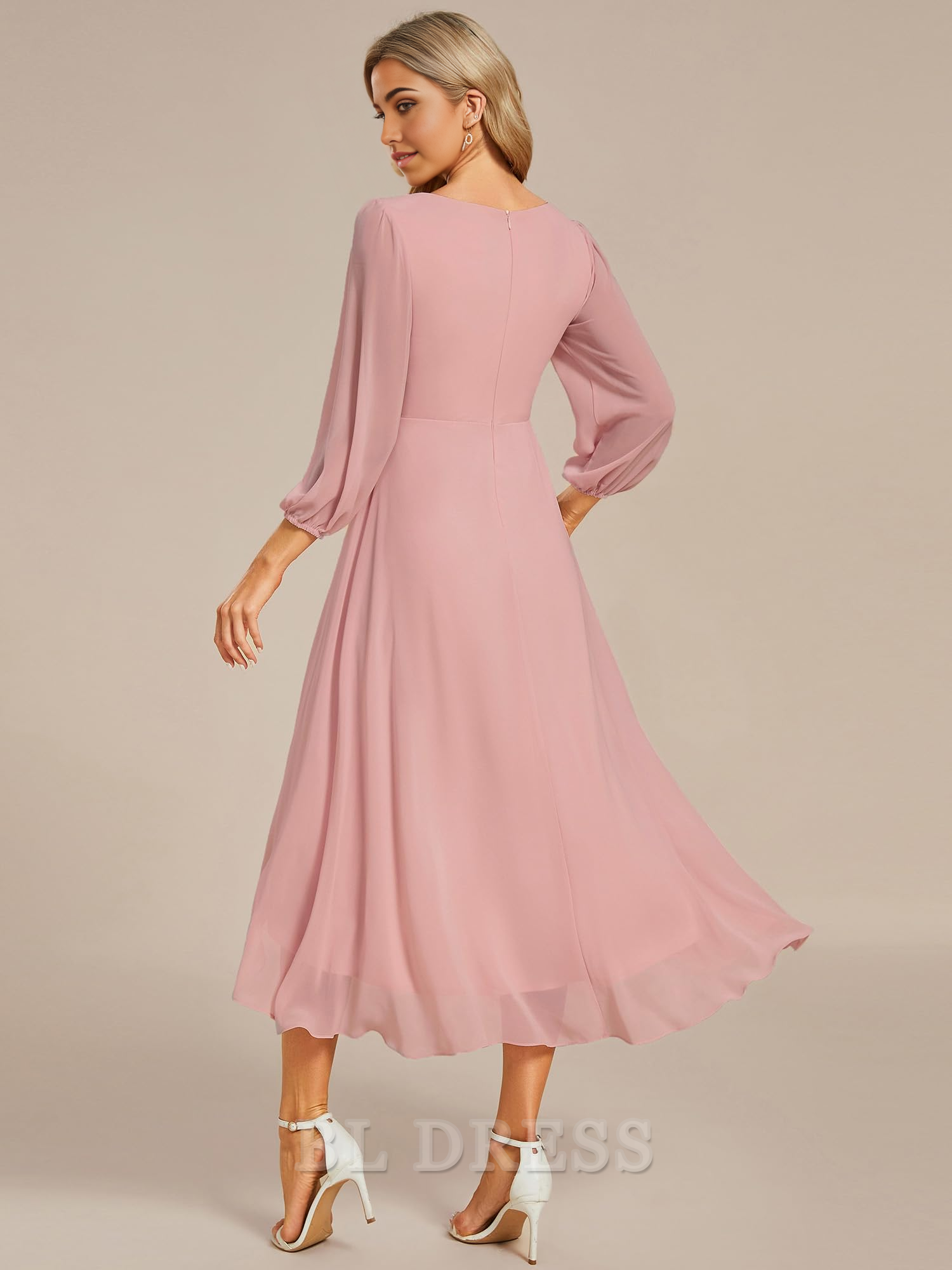 Side view of A-Line V-Neck chiffon midi dress.