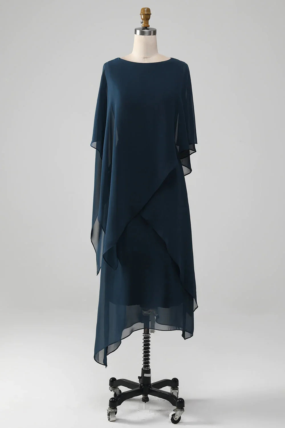 Navy A-line chiffon V-neck Mother of the Bride dress, front view.