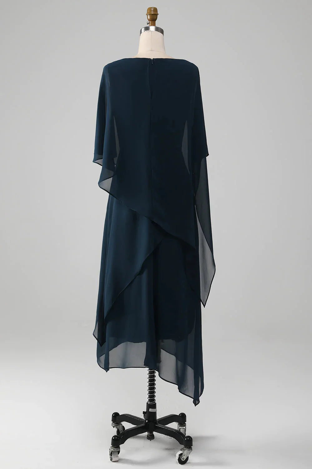 Elegant navy A-line V-neck dress for wedding guests, side view.