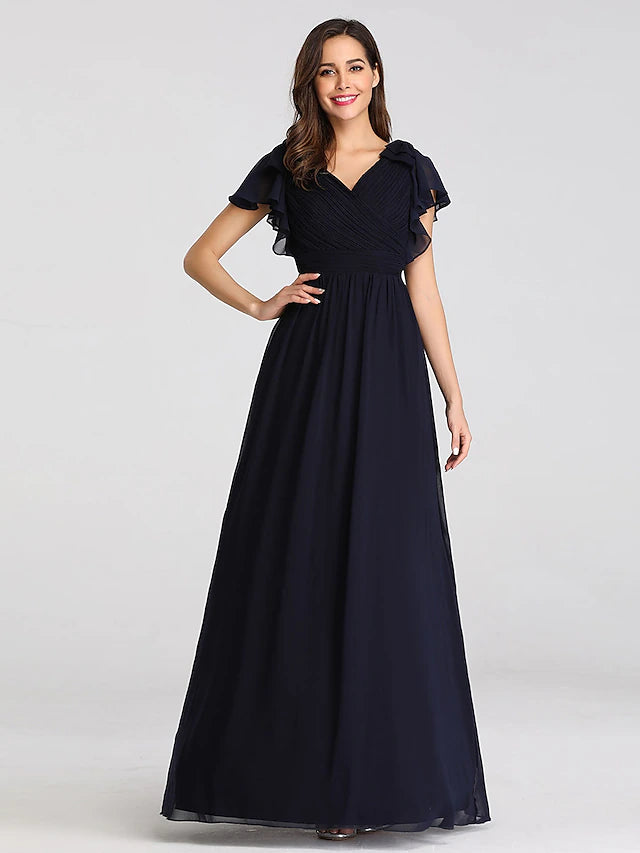 Elegant A-line V-neck chiffon Mother of the Bride dress with short sleeves and ruching.