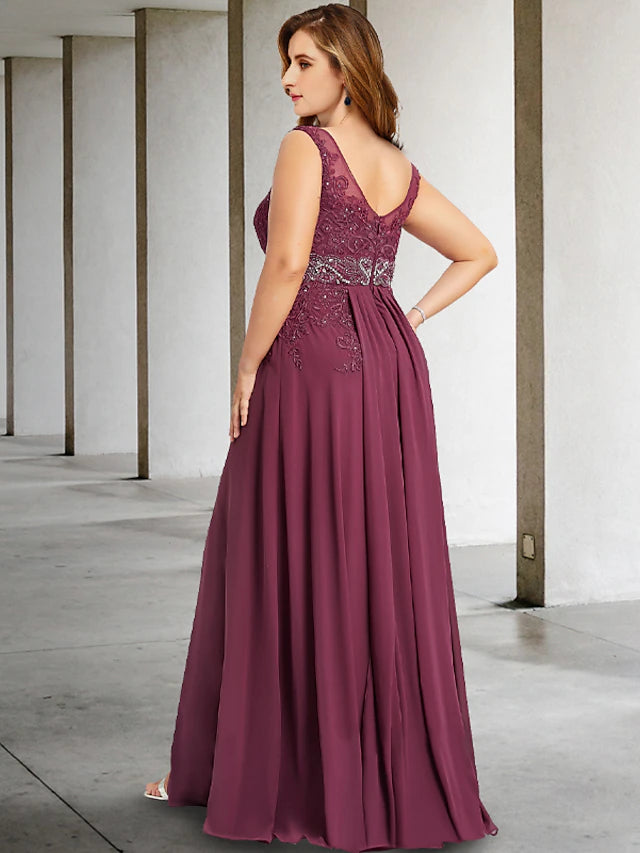 Formal floor-length chiffon dress with a flattering A-line silhouette.