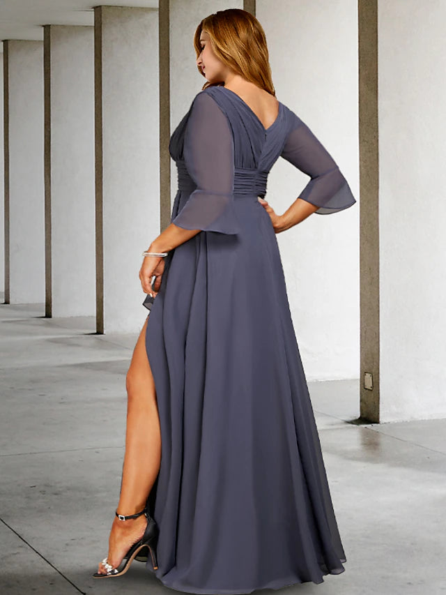 Back view of formal plus size chiffon gown with elegant drape.