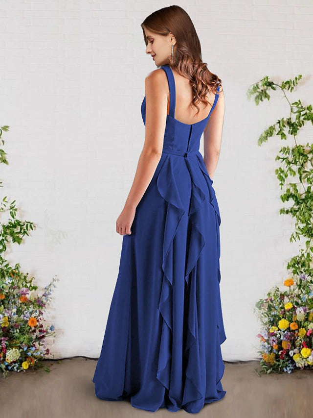 Back view of the floor-length A-line bridesmaid dress with V-neck and ruffles.