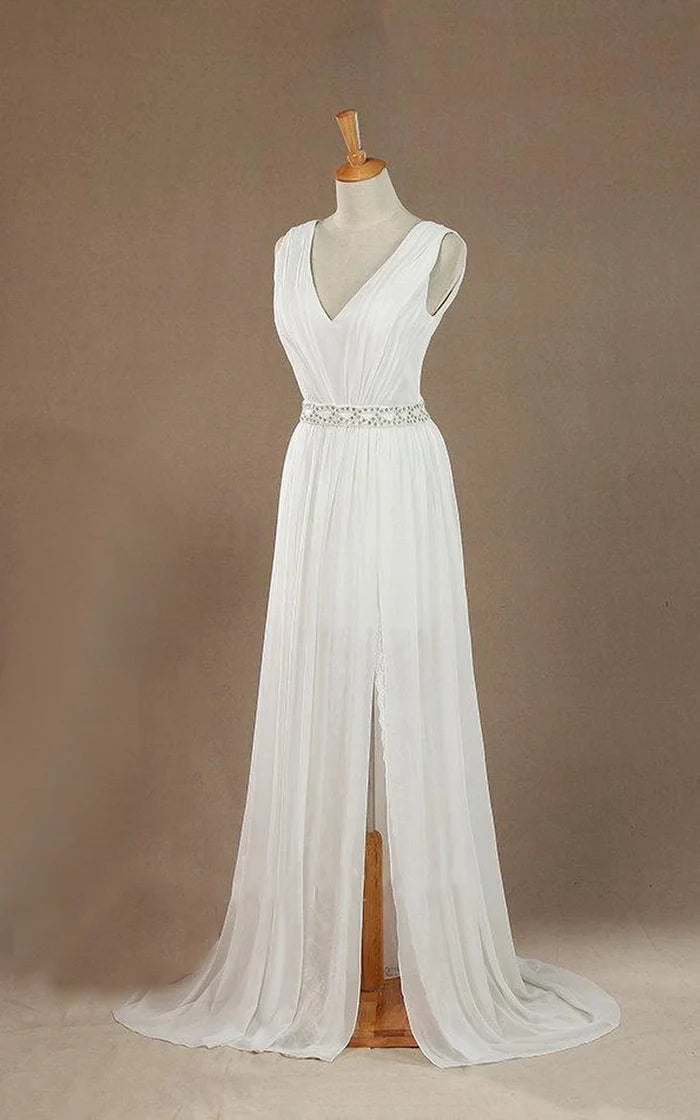 Elegant A-line V-neck chiffon satin maxi wedding dress with a low V-back.