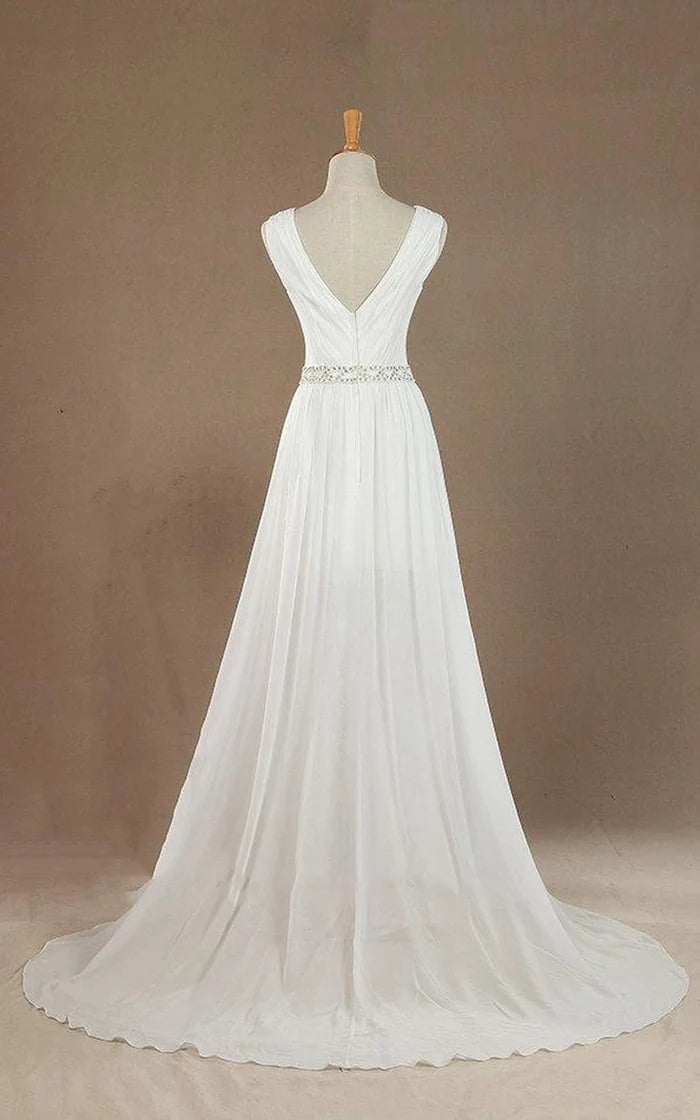 Back view of the A-line V-neck chiffon satin wedding dress showing the low V-back.