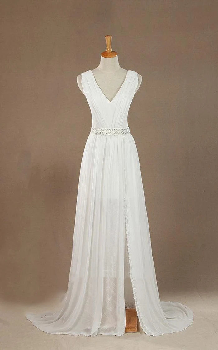Front view of the V-neck lace bodice on the chiffon satin wedding dress.