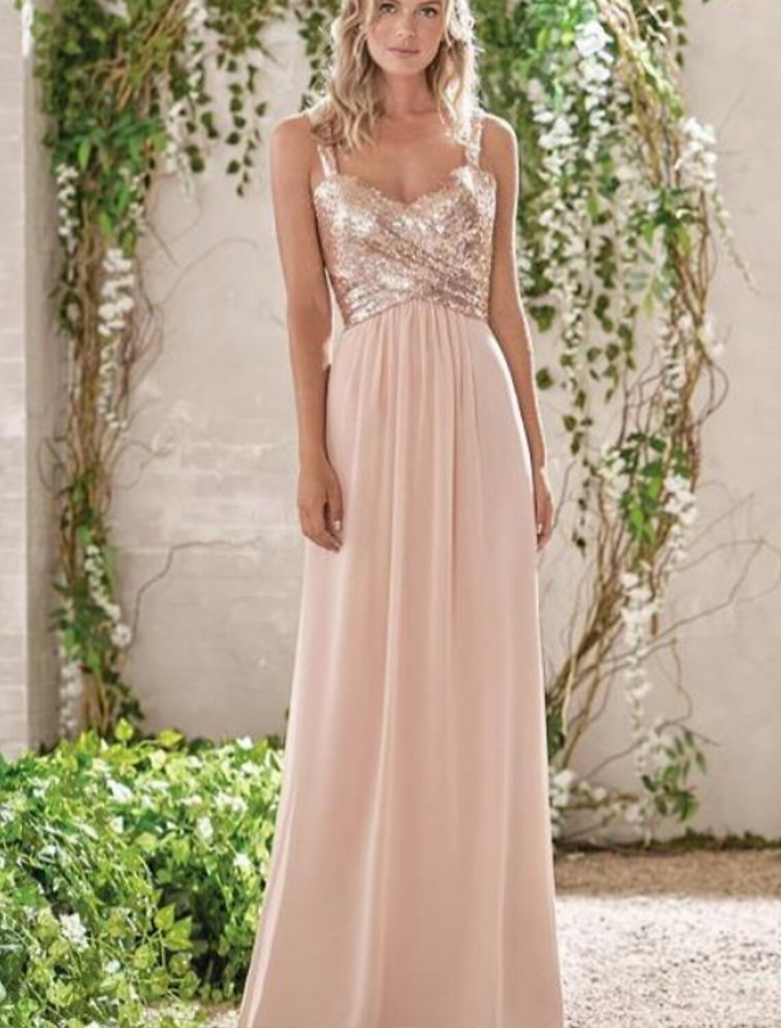 Elegant A-Line V-neck bridesmaid dress in chiffon and sequins, front view.