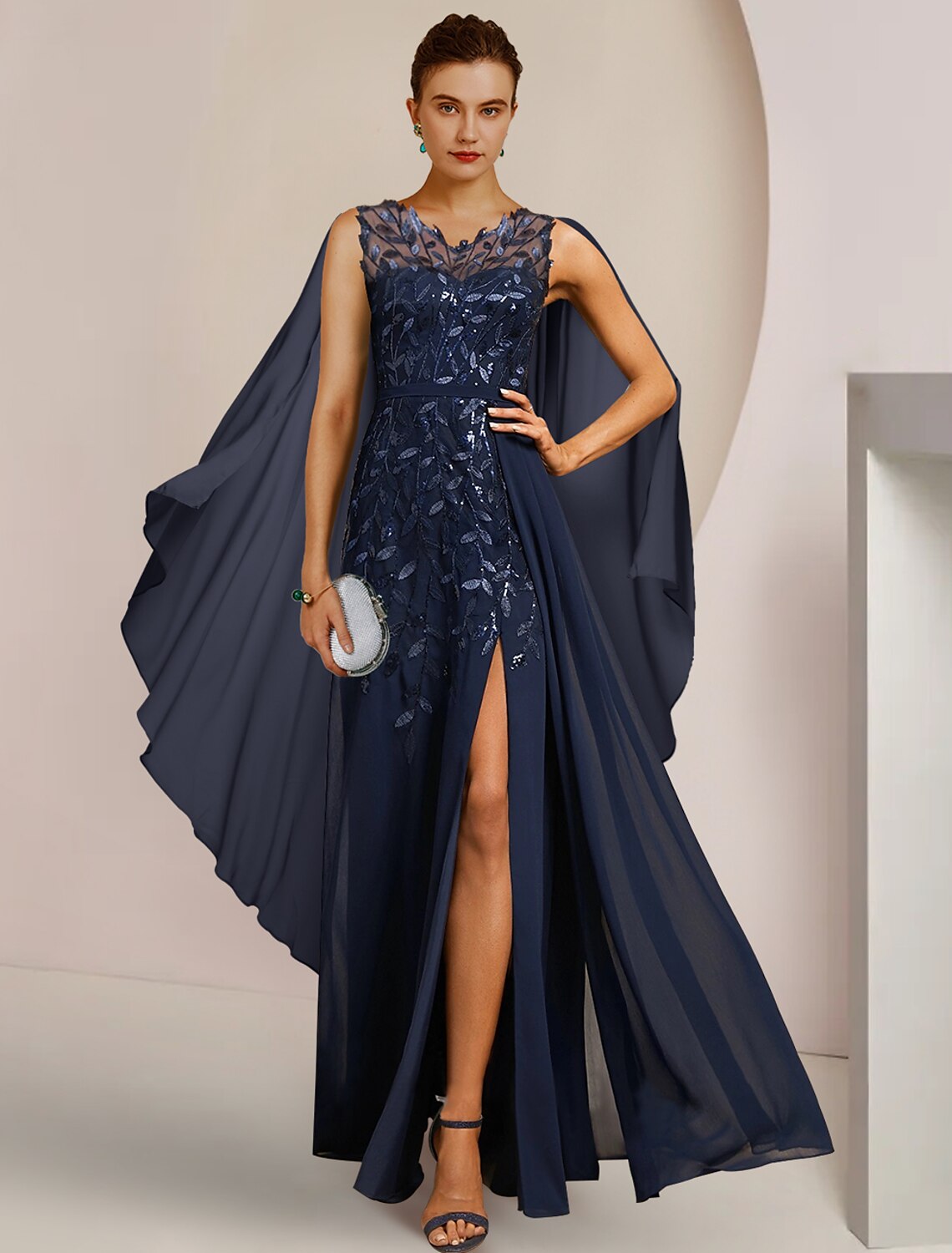 Elegant A-Line Mother of the Bride dress with V-neck, sequined chiffon, and floor-length silhouette on a model.