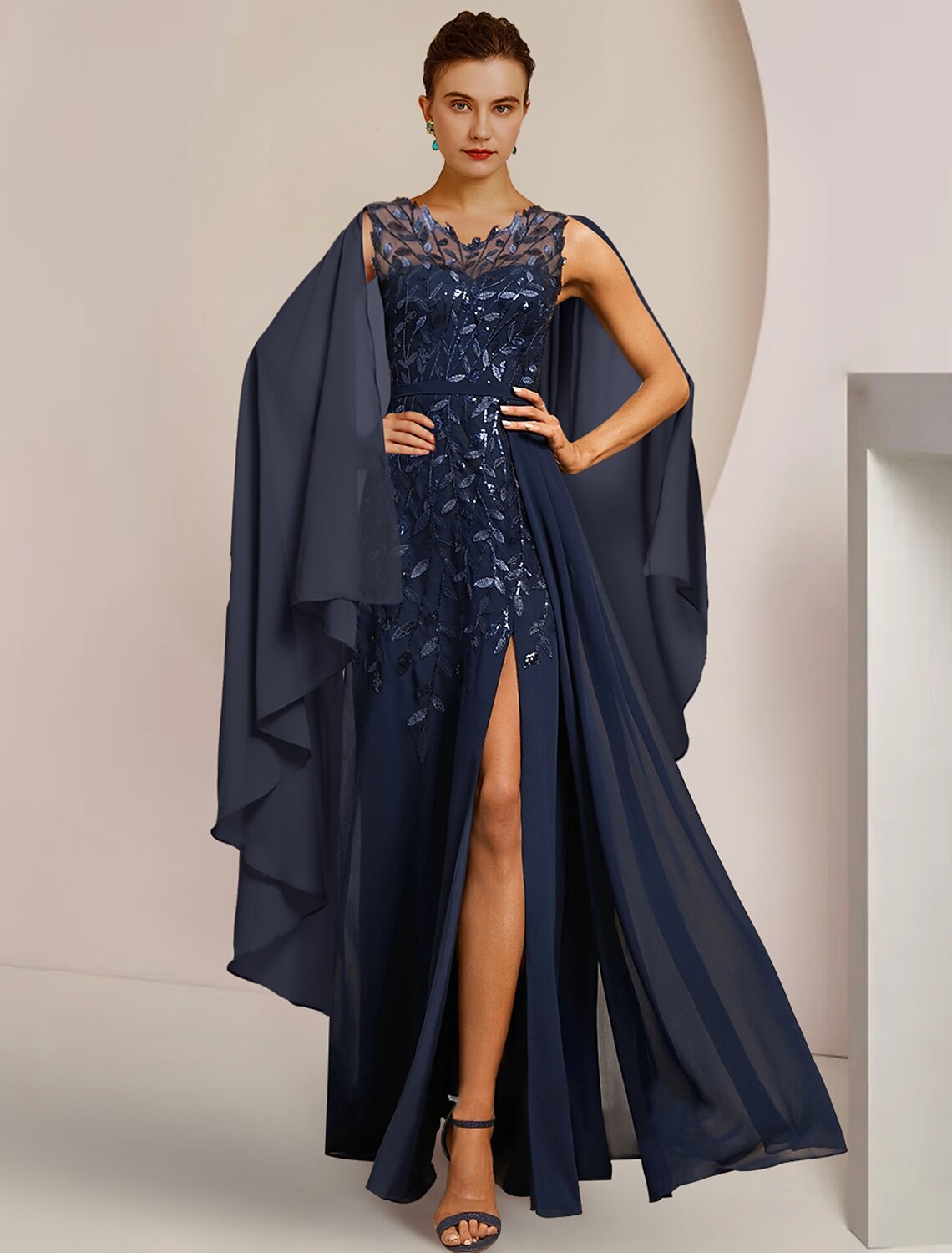 A-Line Mother of the Bride dress featuring V-neck, sequined details, and a split front, worn by a model.