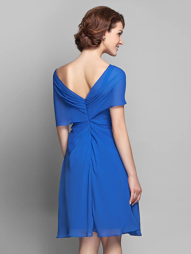 Chiffon dress with short sleeves and ruffled details, suitable for formal events.