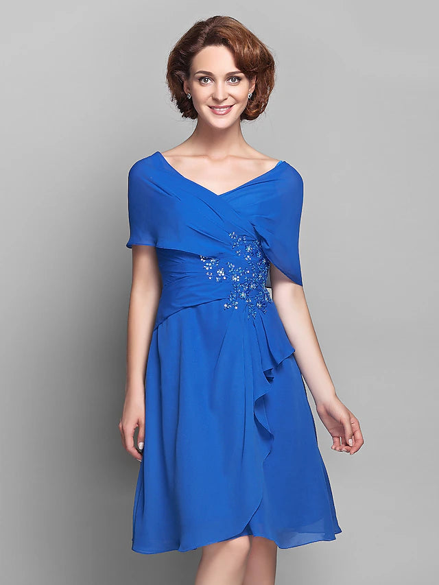 Mother of the bride dress featuring an A-line silhouette and V-neck.