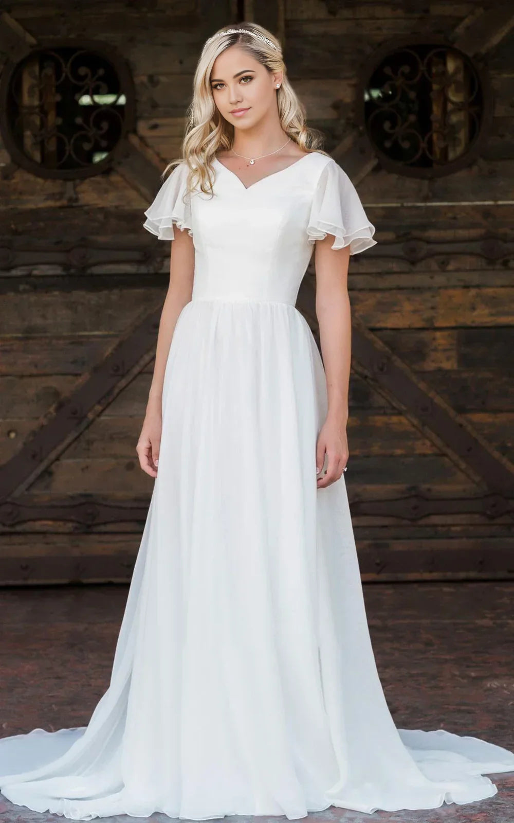 Elegant A-line V-neck chiffon wedding dress with short sleeves and ruffles.