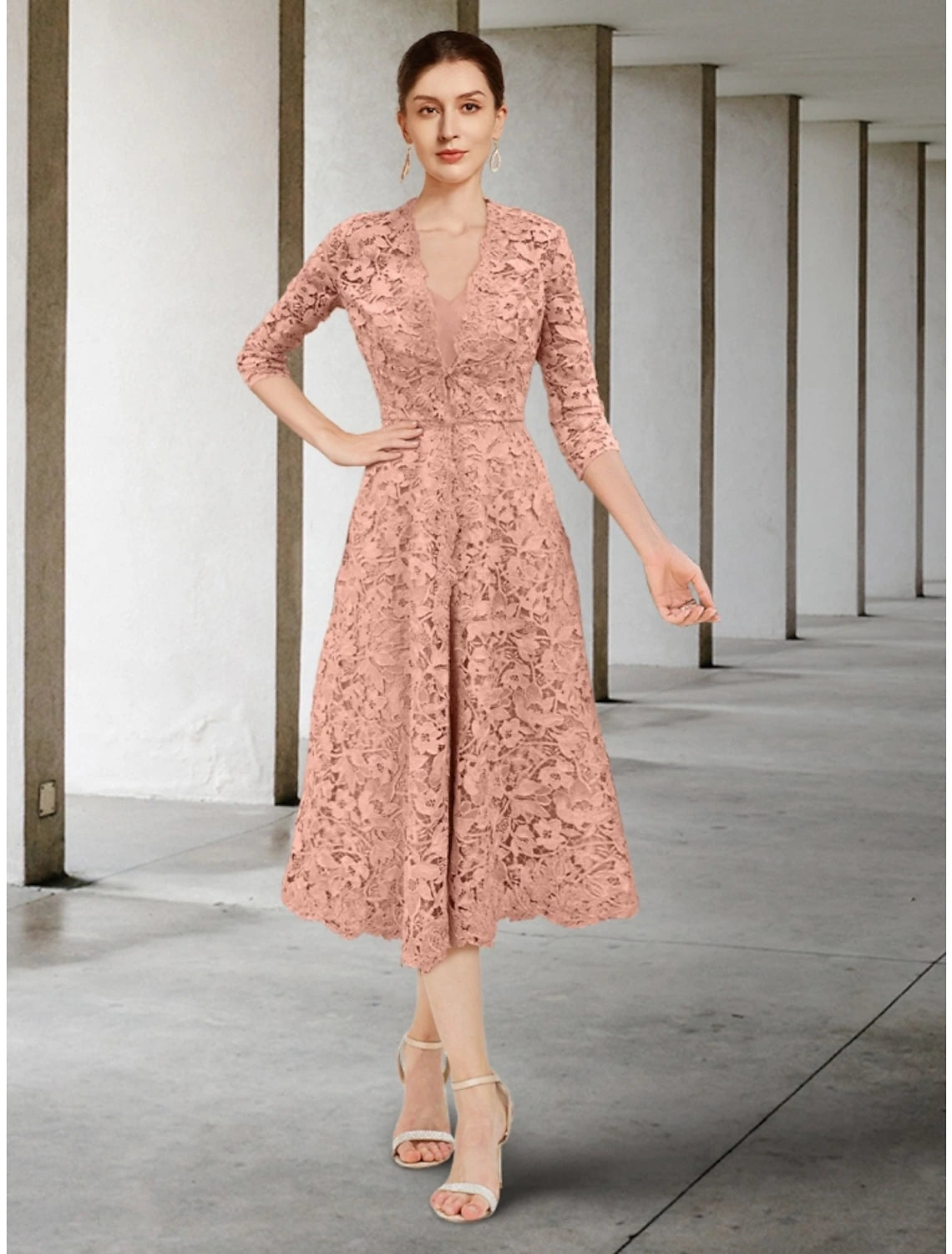 Elegant A-Line chiffon dress with V-neck and 3/4 sleeves.