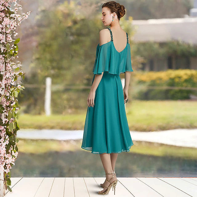 Full view of the elegant A-line dress, suitable for weddings.