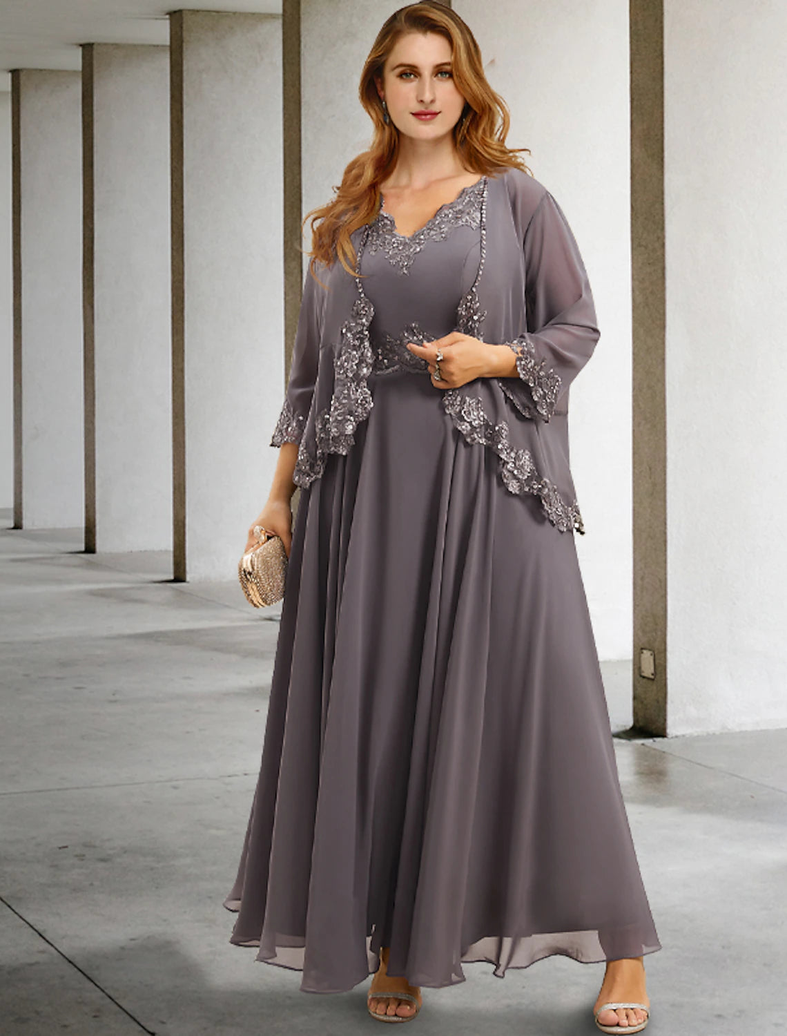 Elegant A-line two-piece tea-length dress with V-neck and appliques on a plus-size model.