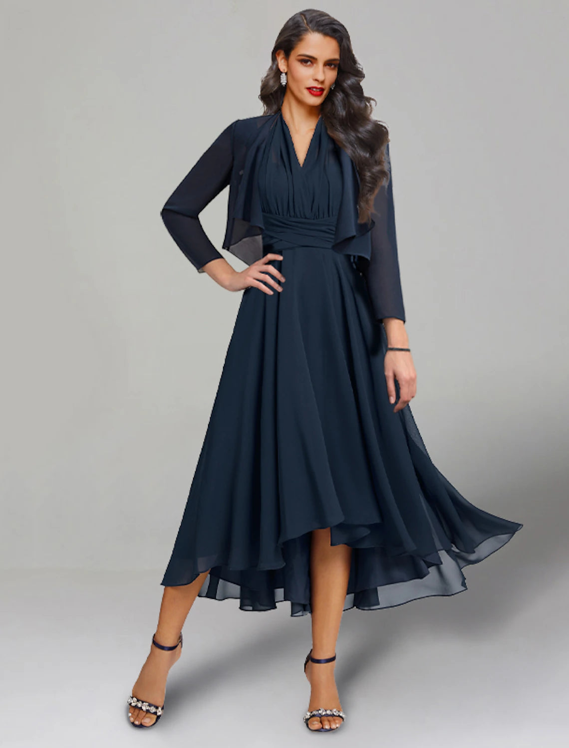 Elegant A-line two-piece chiffon dress with V-neck and 3/4 sleeves, shown with a matching shawl.