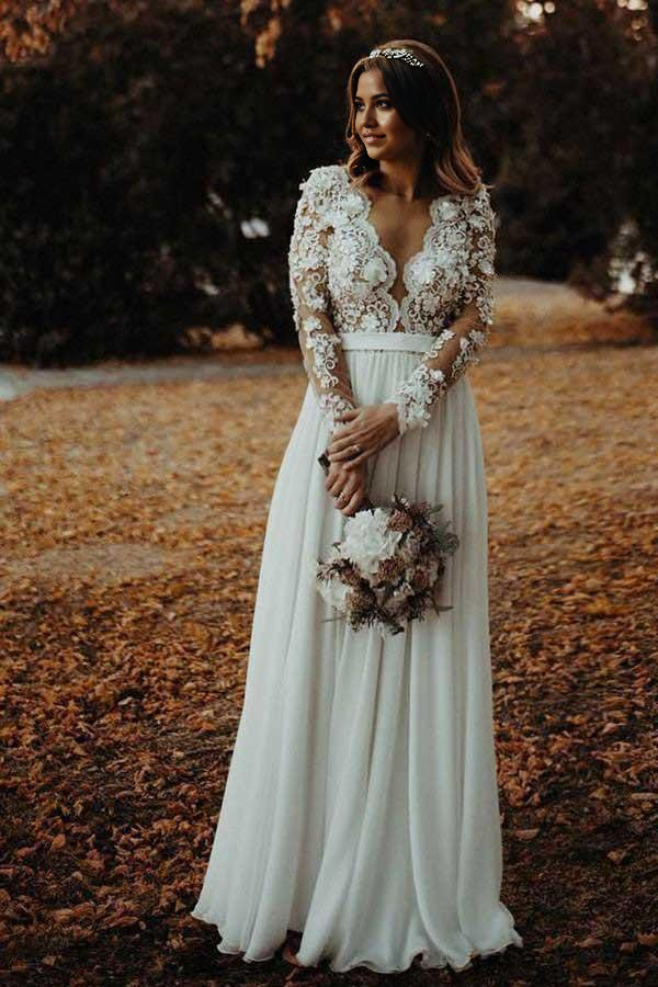 Elegant A-line V-neck chiffon wedding dress with floral appliques.