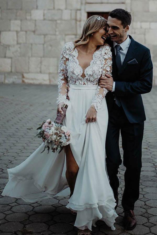 Back view of the A-line V-neck chiffon wedding dress.