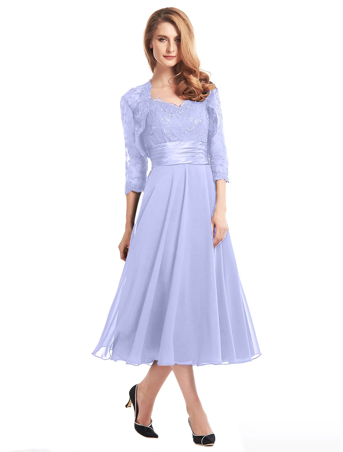 Side view of the elegant tea length Mother of the Bride gown.