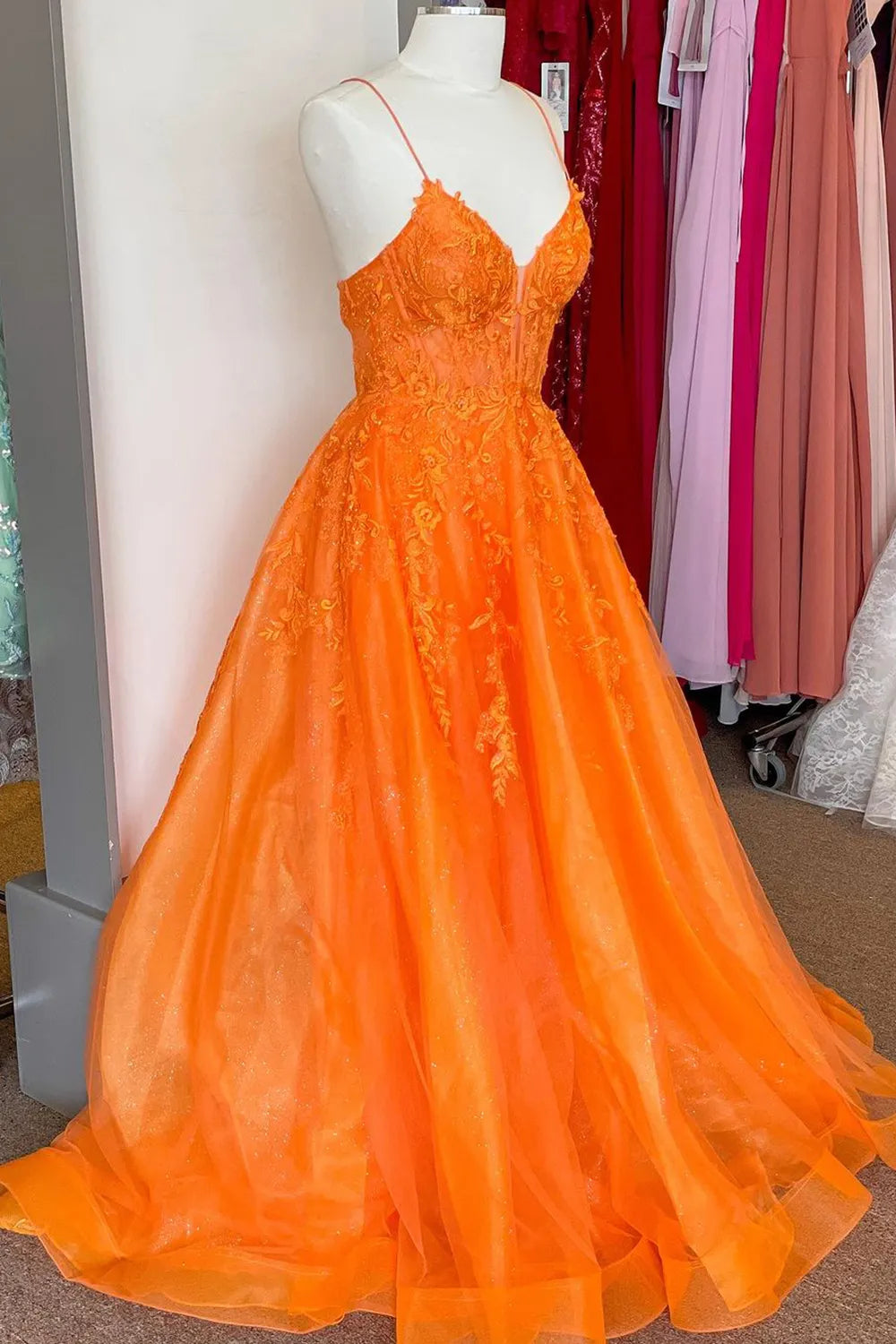 Back view of A-line prom dress showing corset detail and appliques.