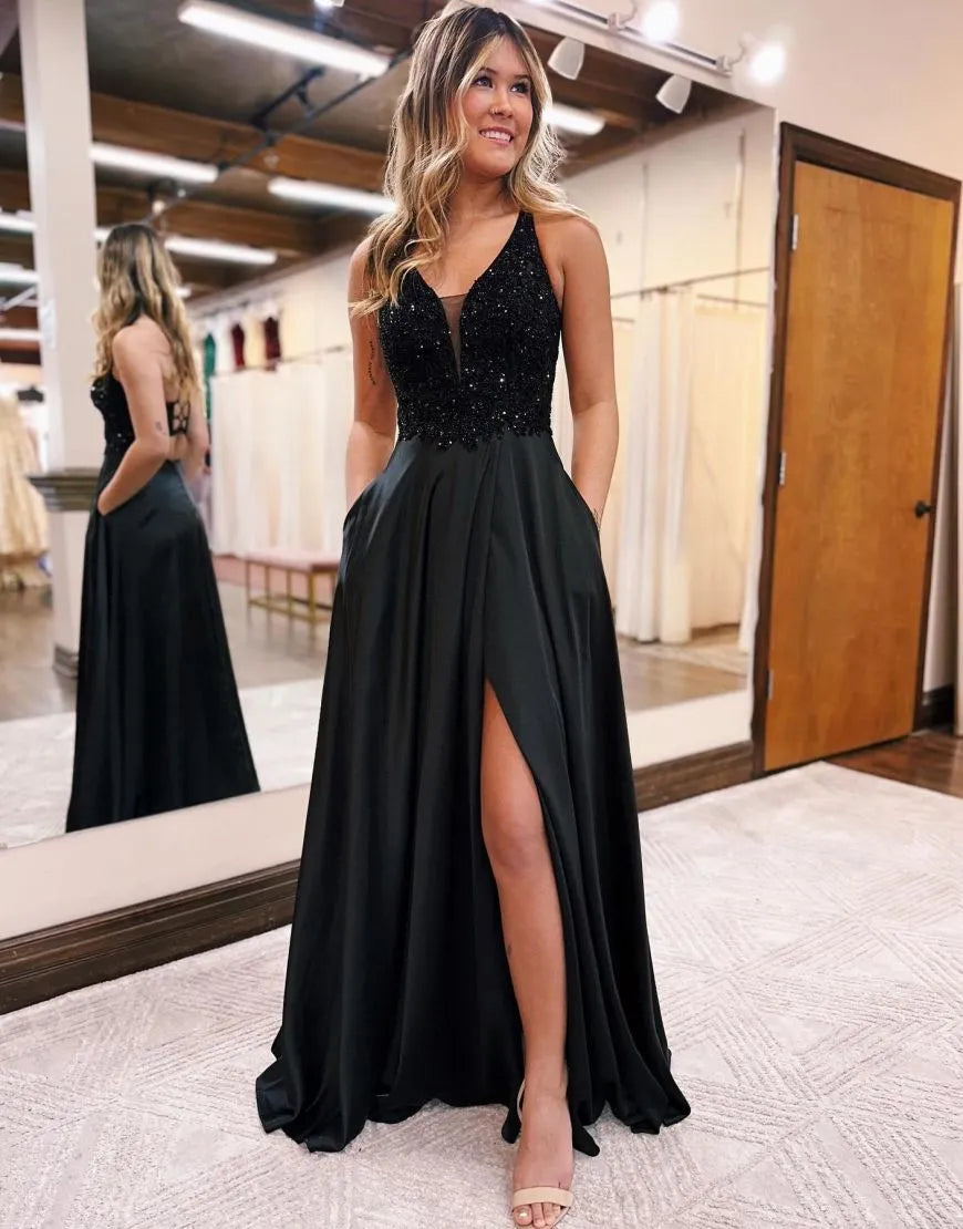 Close-up of the V-neckline and bodice of the A-line dress.