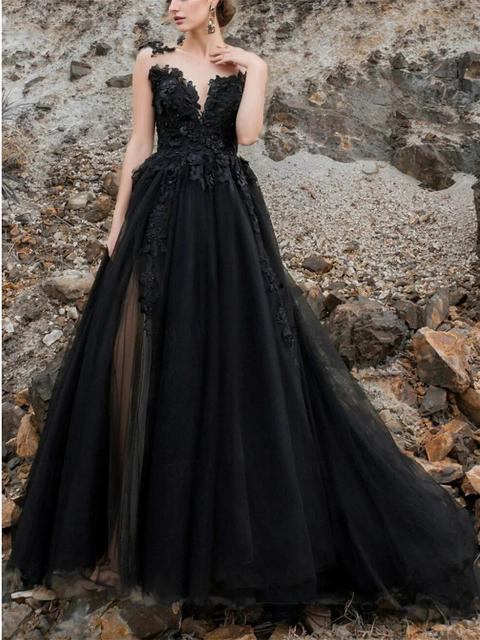 Elegant A-Line V-Neck wedding dress with a court train, front view.