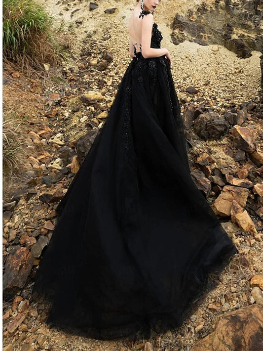 Detail view of the A-Line V-Neck wedding dress, showcasing the court train.