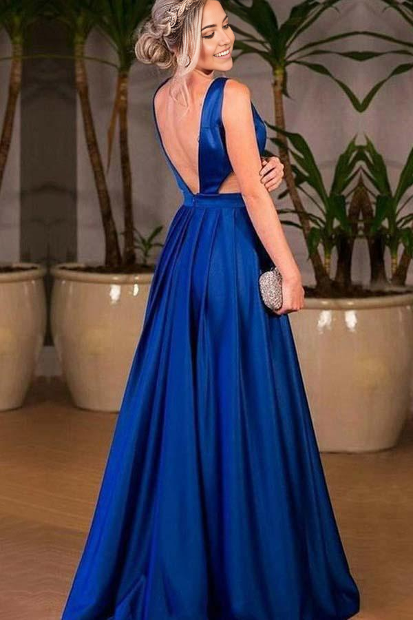 Elegant royal blue A-line prom dress featuring a V-neckline and pleated satin fabric.