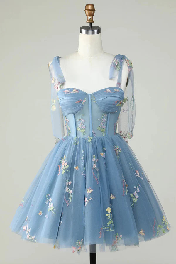 Back view of A-Line short floral embroidered dress.
