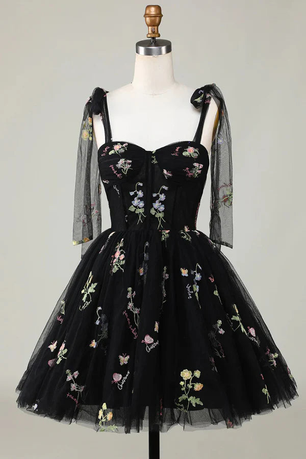Side view of A-Line V-neck homecoming dress with floral details.