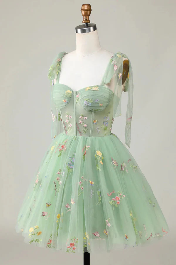 Full length view of the short A-Line floral dress.