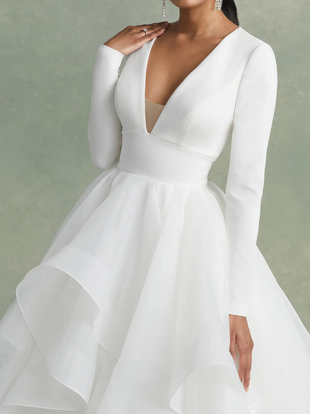 Side profile of the A-Line V-Neck ball gown wedding dress.