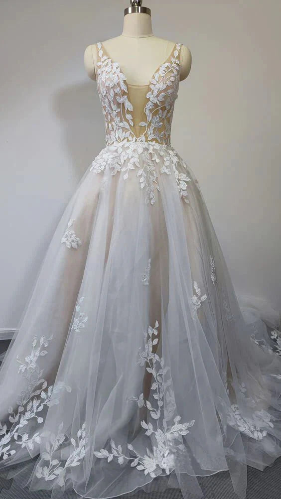 Side view of the A-line V-neck floor-length lace wedding dress.