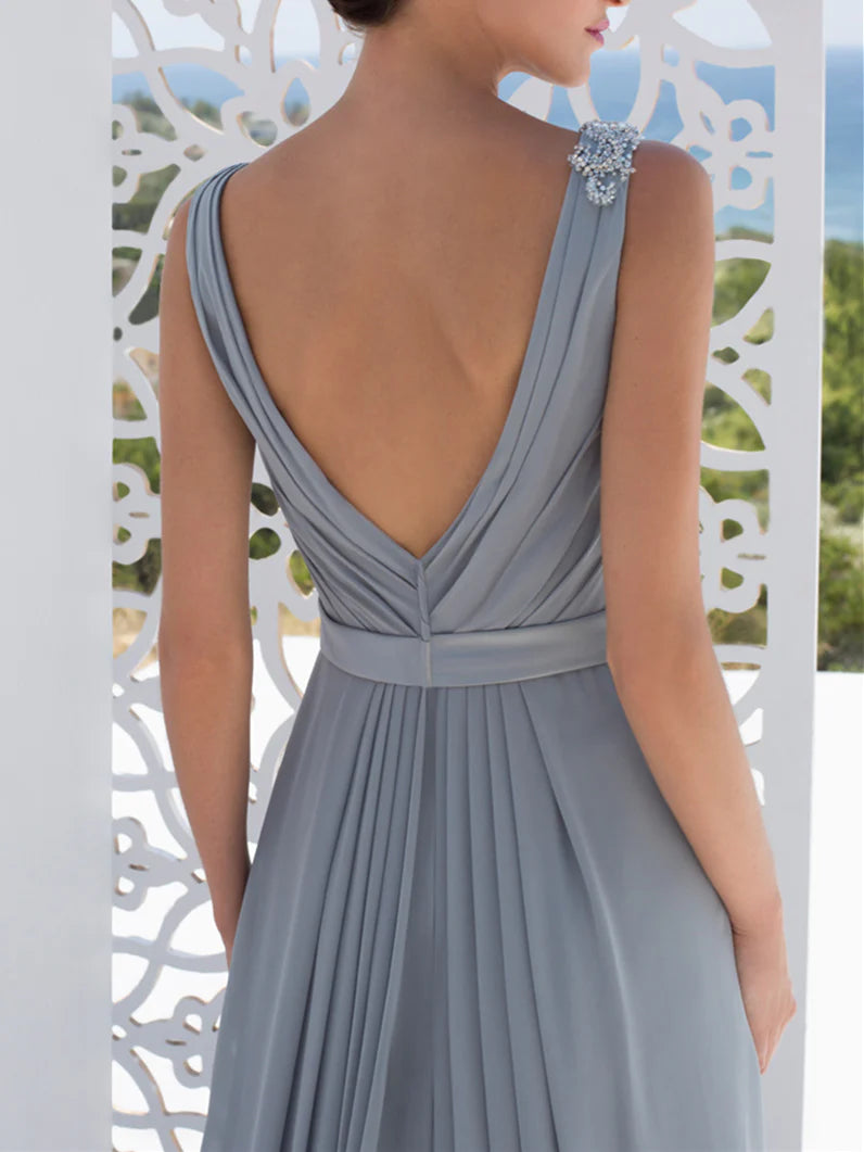 Graceful floor length A-line dress, perfect for formal events.