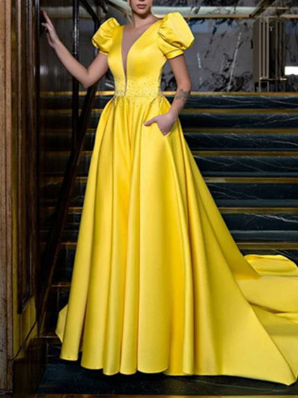 Elegant A-line V-neck floor length prom dress.
