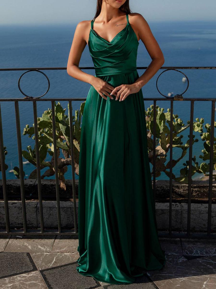Elegant A-Line V-Neck floor-length satin bridesmaid dress.