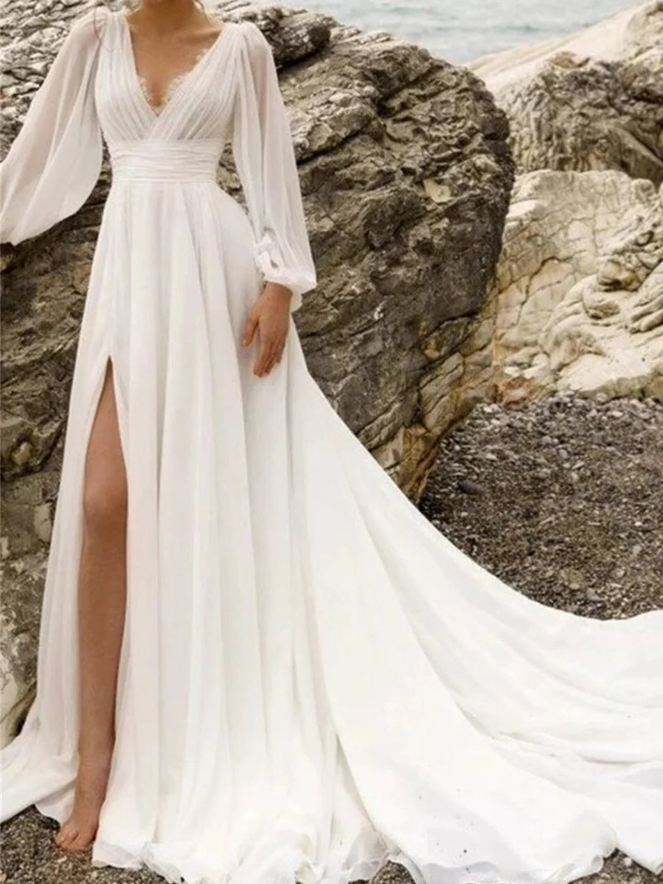 Elegant A-Line V-Neck floor-length wedding dress.