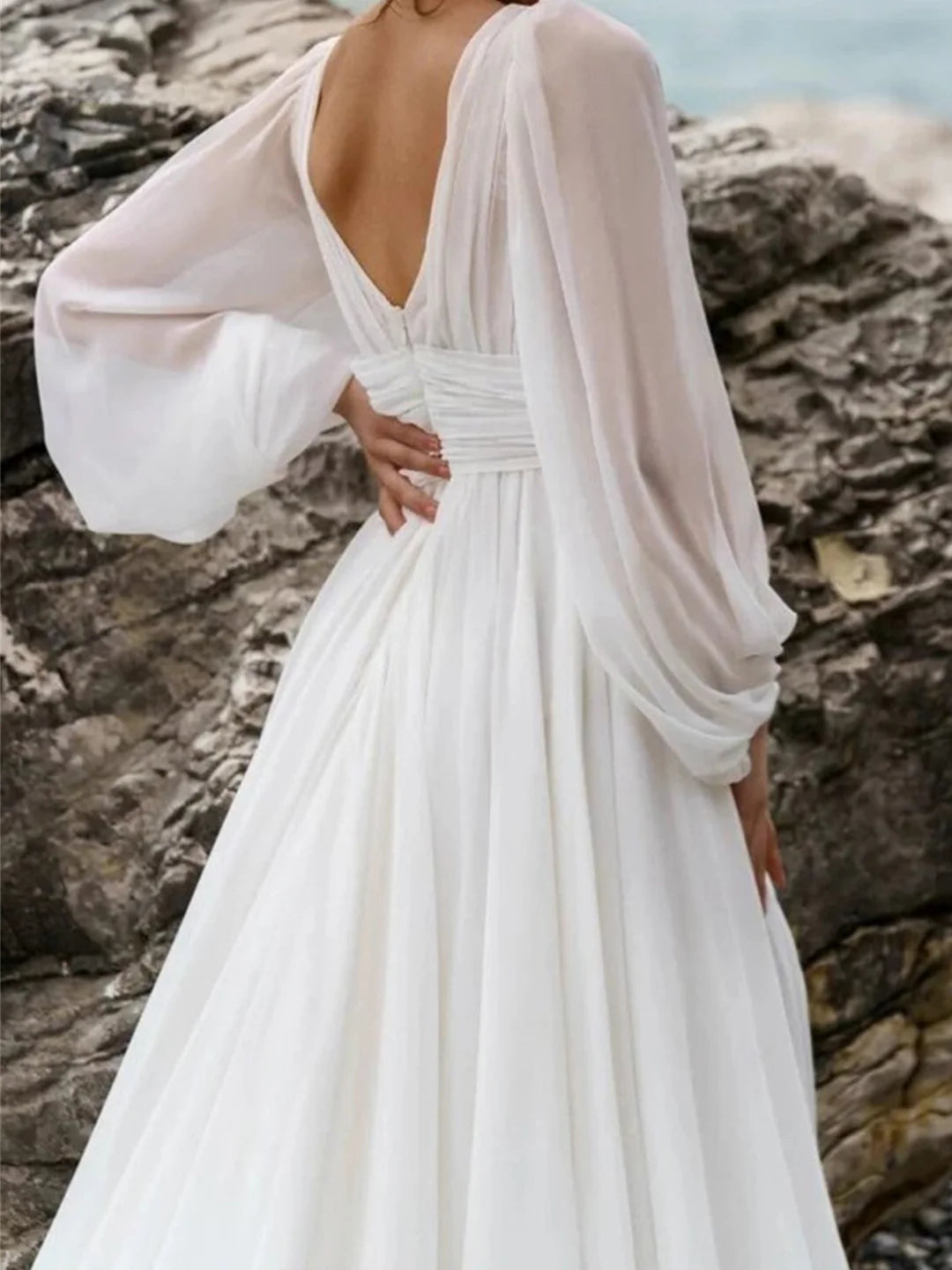 Back view of the A-Line V-Neck floor-length wedding dress.