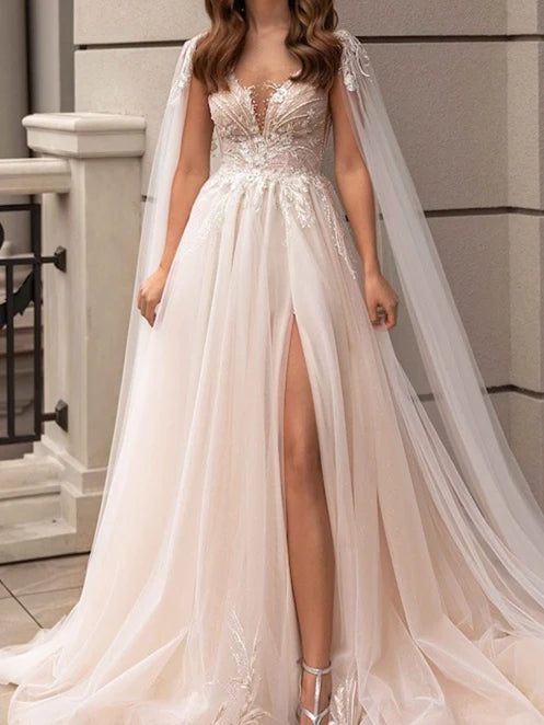 Elegant A-line V-neck wedding dress with a floor-length skirt and split side.