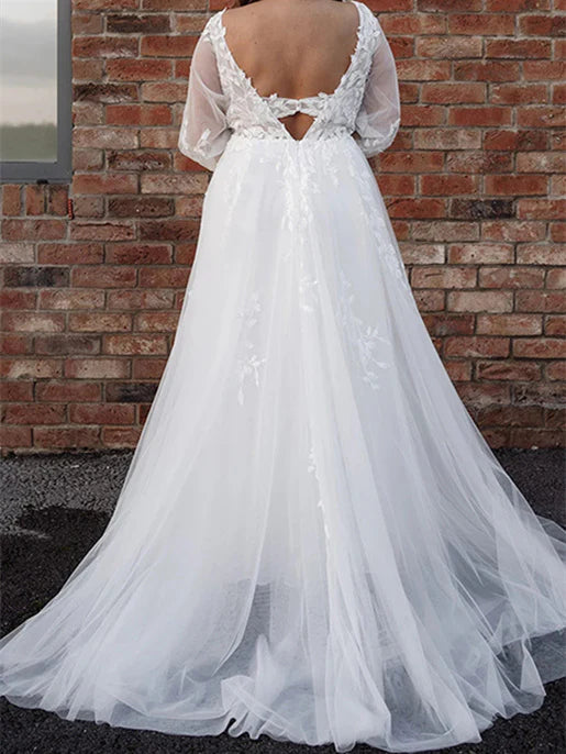 A-line V-neck floor length wedding dress details.