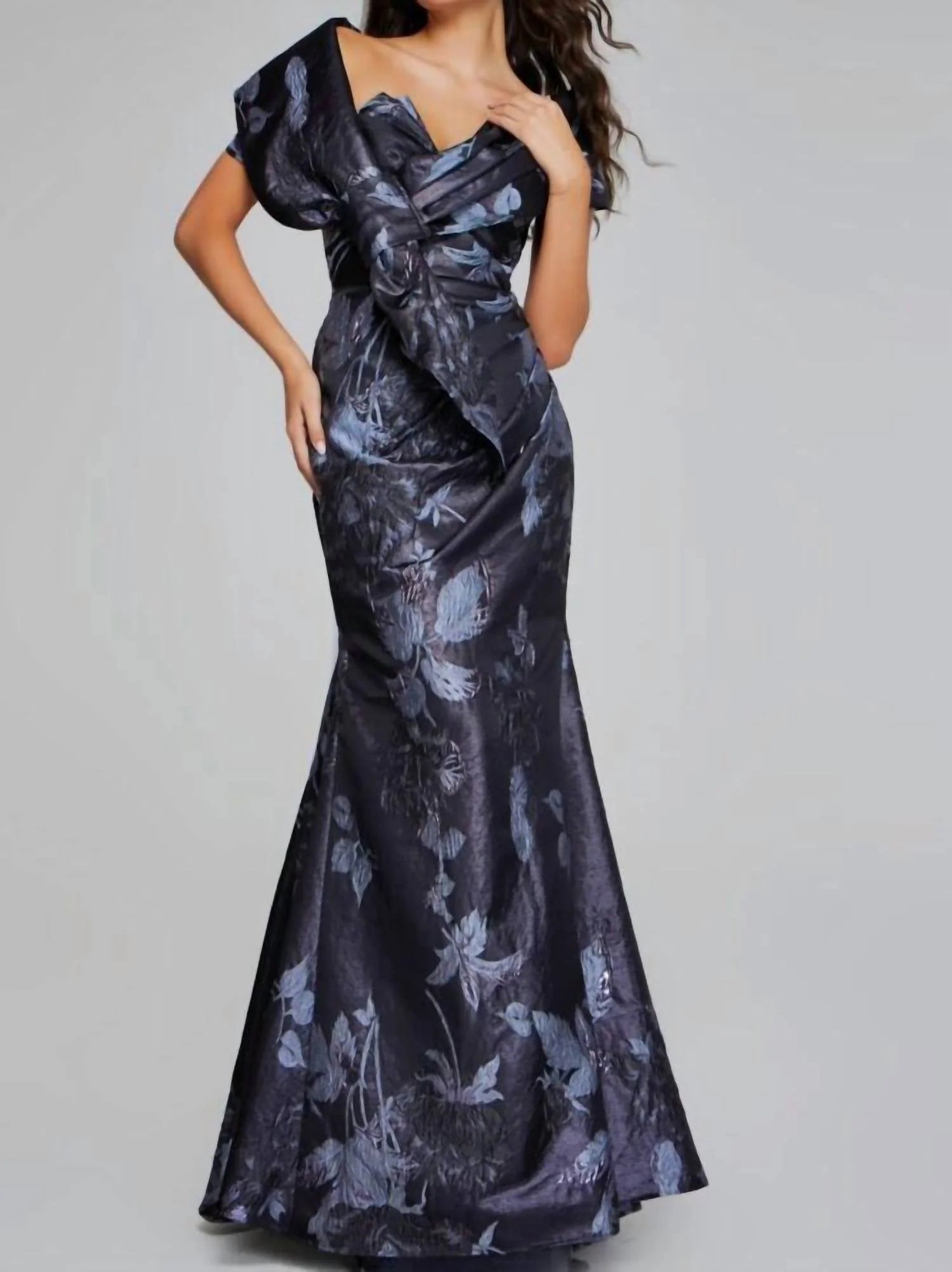 Elegant A-line floral gown with asymmetrical detailing.